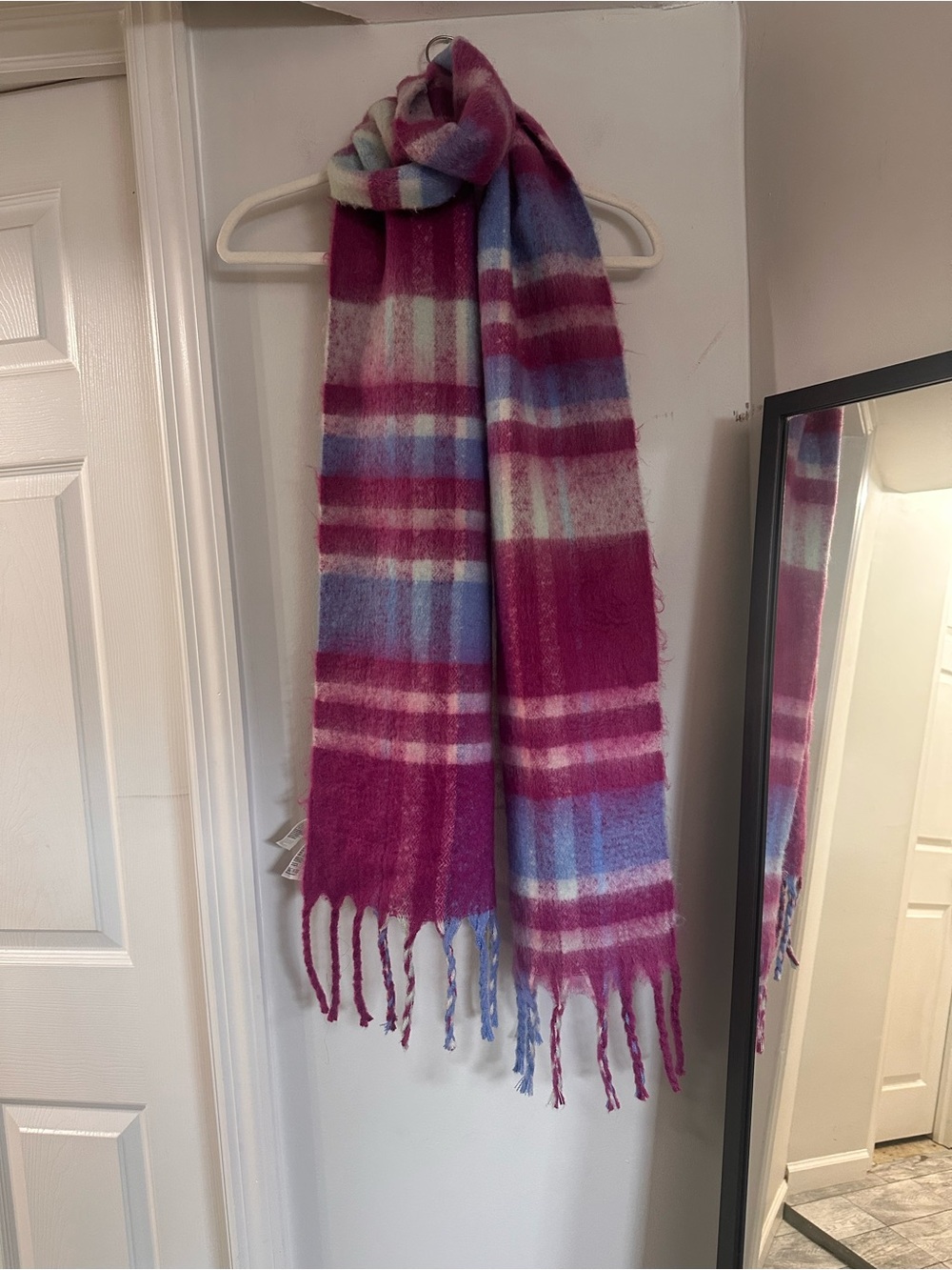 H&M Pink Plaid Fringe Scarf with Blue and Cream Accents